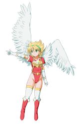 Rule 34 | 1girl, angel wings, armor, blonde hair, boots, breasts, breath of fire, breath of fire i, cameltoe, capcom, female focus, full body, gloves, green eyes, hairband, highres, large wings, leotard, murasaki2007, nina (breath of fire i), aged up, pointing, red leotard, short hair, simple background, small breasts, solo, thighhighs, white background, white wings, wings