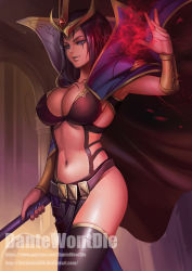 Rule 34 | 1girl, armpits, black thighhighs, blue nails, bracer, breasts, cape, cleavage, collarbone, cowboy shot, dantewontdie, energy, high collar, large breasts, league of legends, leblanc (league of legends), long hair, looking away, nail polish, navel, parted lips, pelvic curtain, purple eyes, purple hair, revealing clothes, sideboob, smile, solo, stomach, thighhighs, tiara, watermark, web address