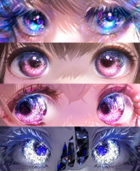 Rule 34 | 4girls, absurdres, blue eyes, close-up, commentary, eye focus, eyelashes, glint, highres, looking at viewer, multiple girls, onene, pink eyes, signature, sparkle, twitter username