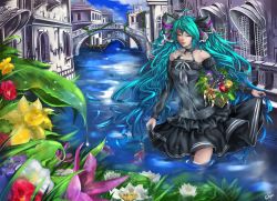 Rule 34 | 1girl, aqua hair, boat, bridge, clothes lift, closed eyes, fish, flower, hatsune miku, highres, leaf, light smile, long hair, plant, skirt, skirt lift, solo, sukya, twintails, vocaloid, wading, water, watercraft