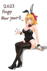 Rule 34 | 1girl, 2023, absurdres, animal ears, black footwear, black leotard, black thighhighs, blue eyes, breasts, chinese zodiac, covered navel, detached collar, english text, fake animal ears, fake tail, girls&#039; frontline, happy new year, heart, high heels, highres, kalina (girls&#039; frontline), kepra iii, large breasts, leotard, new year, orange hair, playboy bunny, rabbit ears, rabbit tail, side ponytail, sitting, solo, strapless, strapless leotard, tail, thighhighs, wrist cuffs, year of the rabbit