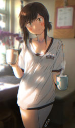 Rule 34 | 1girl, alternate costume, artist name, blouse, blurry, blush, breasts, casual, chromatic aberration, chrysanthemum, coffee mug, collarbone, cowboy shot, cup, dappled sunlight, depth of field, ergot, flower, fubuki (kancolle), green eyes, head tilt, highres, indoors, kantai collection, looking at viewer, low ponytail, morning, mug, no pants, plant, potted plant, shirt, short ponytail, sidelocks, signature, small breasts, smile, solo, steam, sunlight, walking, white shirt, window