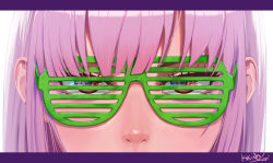 Rule 34 | 1girl, artist name, close-up, commentary, english commentary, eye focus, eyebrows hidden by hair, hair behind ear, highres, hololive, hololive english, kikino, looking at viewer, mori calliope, pink hair, red eyes, shutter shades, solo, virtual youtuber, white background