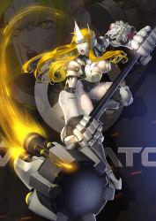Rule 34 | 1girl, absurdres, adapted costume, armor, armored boots, armored dress, blonde hair, boots, breastplate, breasts, cleavage, gauntlets, genderswap, genderswap (mtf), greaves, hat, headwear request, highres, holding, holding weapon, huge weapon, knee pads, large breasts, open mouth, overwatch, overwatch 1, pauldrons, plate armor, reinhardt (overwatch), shoulder armor, shoulder pads, solo, teeth, thigh boots, thighhighs, thrusters, war hammer, warhammer, weapon, yellow eyes