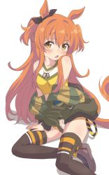 Rule 34 | 1girl, animal ears, black bow, blush, bow, brown thighhighs, dog tags, dot nose, ear bow, green jacket, hair bow, highres, horse ears, horse tail, jacket, long hair, looking at viewer, mayano top gun (umamusume), open mouth, orange eyes, orange hair, parted lips, simple background, sincos, sitting, solo, tail, tank top, thighhighs, two side up, umamusume, white background