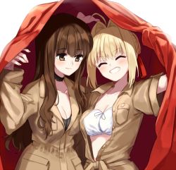 Rule 34 | 2girls, ahoge, arms up, bad id, bad pixiv id, beige jacket, blonde hair, blush, braid, breasts, brown eyes, brown hair, choker, cleavage, closed eyes, closed mouth, collarbone, fate/extella, fate/extella link, fate/extra, fate/grand order, fate (series), french braid, grin, hair intakes, hair ribbon, heroic spirit traveling outfit, kishinami hakuno (female), kodamari, large breasts, long hair, long sleeves, looking to the side, medium breasts, multiple girls, nero claudius (fate), nero claudius (fate) (all), nero claudius (fate/extra), nero claudius (traveling outfit) (fate), official alternate costume, red ribbon, ribbon, shawl, short sleeves, simple background, smile, white background