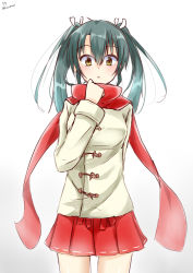 Rule 34 | 10s, 1girl, brown eyes, coat, cowboy shot, dated, grey hair, hair ribbon, hino (2nd life), kantai collection, looking at viewer, pleated skirt, red scarf, red skirt, ribbon, scarf, simple background, skirt, solo, twintails, twitter username, white background, white ribbon, winter clothes, winter coat, zuikaku (kancolle)