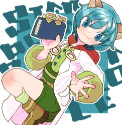 Rule 34 | 1boy, animal ears, blue eyes, blue hair, cat boy, cat ears, character name, closed mouth, coat, copyright name, green shorts, green socks, lab coat, leon geeste, open clothes, open coat, short hair, shorts, sicky (pit-bull), smile, socks, solo, star ocean, star ocean the second story, white coat