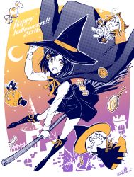Rule 34 | 0 0, 1girl, :d, :q, animal ears, bandages, boots, broom, broom riding, candy, cape, castle, crescent, dated, dress, fang, flying, food, hair ornament, halloween, hand on headwear, happy halloween, hat, highres, jack-o&#039;-lantern, jack-o&#039;-lantern hair ornament, knee boots, limited palette, long sleeves, looking at viewer, neck ribbon, night, open mouth, orange eyes, original, ribbon, short hair, signature, sky, smile, solo, star (sky), starry sky, tail, tongue, tongue out, wedo, witch, witch hat, wolf ears, wolf tail