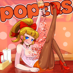 Rule 34 | 1girl, alcohol, arm support, black pantyhose, blush, bottle, bow, brand name imitation, breasts, breasts out, brown pantyhose, clothes writing, drunk, employee uniform, hair bow, hennessy, highres, hooters, jennifer (pop&#039;n music), large breasts, leg up, long hair, looking at viewer, nipples, osamu yagi, pantyhose, ponytail, pop&#039;n music, pouring, saliva, short shorts, shorts, sitting, smile, solo, tank top, uniform, waitress
