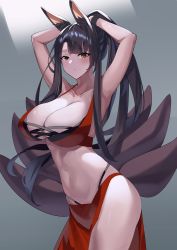 Rule 34 | 1girl, akagi (azur lane), akagi (paradise amaryllis) (azur lane), animal ear fluff, animal ears, armpits, arms behind head, arms up, azur lane, bare shoulders, bikini, black wristband, blunt bangs, breasts, brown hair, brown tail, cleavage, collarbone, commentary request, covered erect nipples, cowboy shot, fox ears, fox girl, fox tail, grey background, highres, kitsune, kyuubi, large breasts, long hair, looking at viewer, maanu, multi-strapped bikini, multiple tails, navel, official alternate costume, open mouth, parted lips, ponytail, red bikini, red eyes, red sarong, sarong, simple background, solo, stomach, swimsuit, tail, wristband, yellow eyes