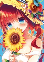 Rule 34 | 1girl, amamine, animal, bad id, bad pixiv id, bare shoulders, blue background, blue eyes, breasts, bug, butterfly, cleavage, collarbone, covering own mouth, dress, eyelashes, flower, hat, hat flower, hat ornament, head tilt, hibiscus, holding, holding flower, insect, long hair, off shoulder, original, red hair, simple background, sleeveless, sleeveless dress, solo, strap slip, straw hat, sundress, sunflower, tareme, upper body, white dress, yellow hat