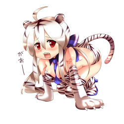Rule 34 | 10s, 1girl, 2010, :3, ahoge, all fours, animal costume, animal ears, animal hands, animal print, between breasts, blush, bow, breasts, caffein, cleavage, costume, fang, fangs, female focus, full body, gao, hair bow, large breasts, multicolored hair, necktie, new year, ponytail, red eyes, simple background, solo, streaked hair, tail, teeth, thighhighs, tiger costume, tiger ears, tiger print, tiger tail, translated, two-tone hair, vocaloid, white background, white hair, yowane haku