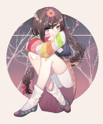 Rule 34 | 1girl, :t, alternate hairstyle, blush, braid, brown hair, cherry blossoms, commentary request, crossed ankles, crossed arms, d.va (overwatch), facepaint, facial mark, grey eyes, hair ornament, highres, korean clothes, long hair, long sleeves, looking at viewer, official alternate costume, overwatch, overwatch 1, palanquin d.va, pink skirt, pout, rabbit hair ornament, raeee, shorts, sitting, skirt, solo, striped, striped sleeves, v-shaped eyebrows, whisker markings, white shorts