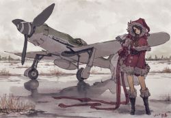 Rule 34 | 1girl, aircraft, airplane, arm at side, arm up, bag, belt, black belt, black eyes, black footwear, black hair, boots, closed mouth, cloud, cloudy sky, covered eyes, dated, day, dress, eyepatch, fur-trimmed boots, fur-trimmed headwear, fur-trimmed sleeves, fur trim, fw 190, grass, grey sky, hat, highres, holding, holding bag, hood, knee boots, layered sleeves, long ribbon, long sleeves, looking at viewer, multicolored ribbon, original, outdoors, propeller, red dress, red ribbon, ribbon, sack, santa costume, santa hat, scenery, shadow, short over long sleeves, short sleeves, sky, smirk, smug, solo, standing, ta 152, vehicle focus, wet, wheel, zennosuke