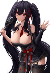 Rule 34 | 1girl, ahoge, azur lane, bare shoulders, black dress, black hair, black thighhighs, bow, breasts, cleavage, crossed bangs, detached sleeves, dress, garter straps, hair between eyes, hand up, highres, holding, holding microphone stand, jewelry, large breasts, long hair, looking at viewer, microphone, microphone stand, red eyes, ring, sleeveless, sleeveless dress, smile, taihou (azur lane), taihou (muse) (azur lane), thighhighs, thighs, tibbon, very long hair, wedding ring, zaphn