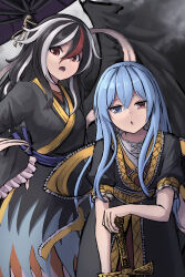 Rule 34 | 2girls, absurdres, allcy49, alternate hair length, alternate hairstyle, black hair, black kimono, blue eyes, chinese commentary, commentary request, hair ornament, half-closed eyes, heterochromia, highres, japanese clothes, kijin seija, kimono, long sleeves, looking at viewer, multicolored hair, multiple girls, open mouth, red eyes, streaked hair, tatara kogasa, touhou, white hair