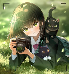 Rule 34 | 1girl, animal, animal on shoulder, black cat, black jacket, blazer, blurry, blurry background, bob cut, bokeh, bow, bowtie, brand name imitation, brown hair, camera, camera around neck, cat, cat on shoulder, collared shirt, colored sclera, depth of field, ear ornament, ear piercing, earrings, green eyes, green skirt, green theme, head tilt, highres, holding, holding camera, jacket, jewelry, kitten, light blush, looking at viewer, lying, on grass, on stomach, original, outdoors, piercing, pleated skirt, red bow, red bowtie, revision, school uniform, shirt, short hair, single-lens reflex camera, skirt, smile, solo, stud earrings, viewfinder, whiskers, white shirt, yellow sclera, yukimaru nun