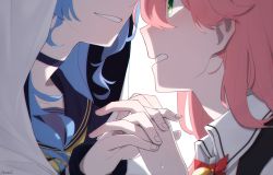Rule 34 | 2girls, blue choker, blue hair, blue sailor collar, blush, choker, clenched teeth, collared shirt, ear blush, from side, green eyes, grin, hair between eyes, hand blush, hand up, head out of frame, highres, holding hands, hololive, hood, hood up, hoshimachi suisei, hoshimachi suisei (school uniform), long hair, looking at another, looking at viewer, multiple girls, pink hair, sailor collar, sakura miko, sakura miko (casual), shirt, smile, teeth, virtual youtuber, westlee ar, white background, yuri