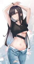 Rule 34 | 1girl, absurdres, arms up, bad id, bad twitter id, black choker, black hair, black shirt, blue pants, breasts, choker, closed mouth, colored inner hair, crop top, denim, ema (kuguiema), hair over one eye, highres, long hair, looking at viewer, medium breasts, midriff, multicolored hair, navel, open fly, original, pants, red eyes, shirt, short sleeves, smile, solo, standing, stomach, torn clothes, torn pants, underboob, unzipped, wristband, zipper