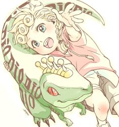 Rule 34 | 2boys, aged down, blonde hair, blue eyes, braid, diego brando, dinosaur, from above, fukai (yas lions), giorno giovanna, hair ornament, hood, hoodie, jojo no kimyou na bouken, multiple boys, open mouth, reaching, reaching towards viewer, scary monsters (stand), shorts, signature, smile, steel ball run, sweater, vento aureo