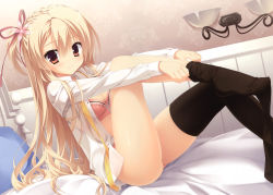 Rule 34 | 1girl, absurdres, amairo islenauts, bed, bed sheet, black thighhighs, blonde hair, bow, bow bra, bra, brown eyes, dress shirt, dressing, flower, hair flower, hair ornament, hair ribbon, highres, kobuichi, leg up, long hair, looking at viewer, on bed, one side up, open clothes, open shirt, panties, pillow, pink bra, pink panties, ribbon, shirley warwick, shirt, sitting, smile, solo, thighhighs, underwear