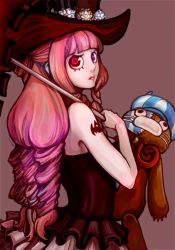 Rule 34 | 1girl, bare shoulders, bat (symbol), character doll, dress, female focus, flower, hat, hat flower, jippei, kumacy, one piece, over shoulder, parasol, perona, pink hair, solo, strapless, stuffed toy, tattoo, top hat, umbrella