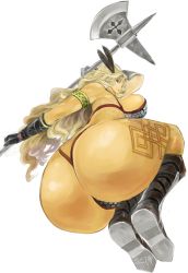 Rule 34 | 1girl, aguu (seiga), amazon (dragon&#039;s crown), armlet, ass, axe, bikini, blonde hair, boots, bra, breasts, dragon&#039;s crown, feather hair, feather hair ornament, feathers, from below, full body, gloves, hair ornament, highres, hip attack, huge ass, huge breasts, long hair, looking back, looking down, midair, panties, purple eyes, simple background, solo, swimsuit, thick thighs, thighs, thong, underwear, vanillaware, weapon, white background