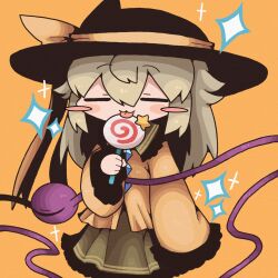 Rule 34 | 1girl, black hat, blush, bow, candy, cardigan, closed eyes, food, green hair, green skirt, hat, highres, holding, holding candy, holding food, komeiji koishi, licking, lollipop, long hair, simple background, skirt, solo, sparkle background, touhou, yellow background, yellow cardigan, zunusama