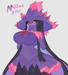 Rule 34 | black skin, blush, breasts, chest jewel, colored sclera, colored skin, creatures (company), game freak, gen 4 pokemon, hand on own chest, hat, high collar, highres, large breasts, long hair, mismagius, nintendo, pokemon, pokemon (creature), purple skin, red eyes, seductive gaze, seductive smile, smile, thick thighs, thighs, togetoge, very long hair, wide hips, witch, witch hat, yellow sclera