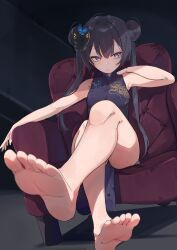 Rule 34 | 1girl, absurdres, armpits, bare legs, black dress, black hair, blue archive, breasts, butterfly hair ornament, china dress, chinese clothes, couch, deitaku, double bun, dragon print, dress, feet, foot focus, foreshortening, full body, hair bun, hair ornament, highres, indoors, kisaki (blue archive), knees together feet apart, legs, long hair, looking at viewer, parted bangs, print dress, purple eyes, sitting, sleeveless, sleeveless dress, small breasts, soles, solo, toes, twintails