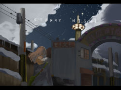 Rule 34 | 1girl, bag, breath, cold, english text, engrish text, headphones, letterboxed, night, original, outdoors, ranguage, scarf, scenery, sky, snow, solo, star (sky), star (symbol), starry sky, takagi (tansuke), tansuke, winter