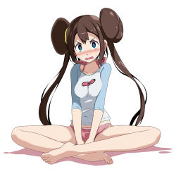 Rule 34 | 1girl, :o, arms between legs, bare legs, barefoot, between legs, blue eyes, blush, breasts, breasts squeezed together, brown hair, creatures (company), crossed legs, double bun, game freak, hair bun, halterneck, hand between legs, highres, indian style, long hair, looking at viewer, medium breasts, nintendo, open mouth, panties, pink panties, pokemon, pokemon bw2, rosa (pokemon), shadow, simple background, sitting, solo, sweat, tsukishiro saika, twintails, two-tone shirt, underwear, white background