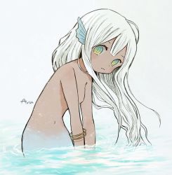 Rule 34 | 1girl, @ @, ayu (mog), blue eyes, blush, breasts, closed mouth, completely nude, dark-skinned female, dark skin, fins, head fins, head tilt, long hair, looking at viewer, mermaid, monster girl, multicolored eyes, navel, nude, original, partially submerged, signature, simple background, small breasts, solo, white background, white hair, yellow eyes