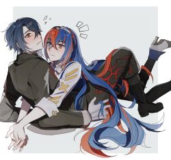 Rule 34 | 1boy, 1girl, alcryst (fire emblem), alear (female) (fire emblem), alear (fire emblem), blue eyes, blue hair, blush, closed mouth, crossed bangs, fire emblem, fire emblem engage, gloves, hair between eyes, hair ornament, hairclip, heterochromia, high heels, highres, long hair, long sleeves, looking at another, multicolored hair, nintendo, oratoza, red eyes, red hair, shoes, short hair, tiara, white background, white gloves
