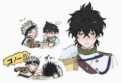 Rule 34 | 2boys, absurdres, asta (black clover), black clover, black hair, black headband, blush, brakuro oji, buttons, capelet, chibi, closed mouth, collared shirt, cup, drinking, drunk, fur-trimmed capelet, fur trim, grey hair, headband, highres, looking at another, looking at viewer, male focus, multiple boys, shirt, short hair, spiked hair, white background, yellow eyes, yuno (black clover)