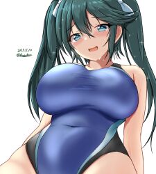 Rule 34 | 1girl, alternate costume, black one-piece swimsuit, blue hair, blue one-piece swimsuit, breasts, competition swimsuit, covered navel, dated, hair ribbon, highres, impossible clothes, impossible swimsuit, isuzu (kancolle), isuzu kai ni (kancolle), kantai collection, large breasts, long hair, looking at viewer, montemasa, one-hour drawing challenge, one-piece swimsuit, open mouth, ribbon, sitting, smile, solo, swimsuit, twintails, twitter username, two-tone swimsuit, white ribbon