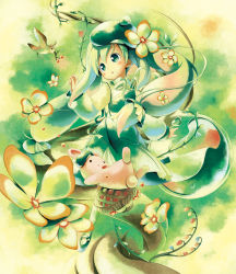 Rule 34 | 1girl, :o, aikei ake, animal, beret, bird, blue flower, blush, collared shirt, commentary request, dress, flower, green dress, green eyes, green flower, green footwear, green hair, green hat, green shirt, green socks, green theme, hair between eyes, hat, head tilt, highres, kneehighs, long hair, long sleeves, looking away, looking to the side, mary janes, mouth hold, original, parted lips, puffy long sleeves, puffy sleeves, rabbit, red flower, shirt, shoes, sleeveless, sleeveless dress, socks, solo, very long hair, white flower