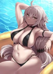 Rule 34 | 1girl, ahoge, bad id, bad twitter id, bare shoulders, bikini, black bikini, blue background, blush, boat, bracelet, braid, breasts, character name, cleavage, collarbone, commentary, cowboy shot, fate/grand order, fate (series), hair between eyes, heroic spirit festival outfit, jeanne d&#039;arc (fate), jeanne d&#039;arc alter (fate), jeanne d&#039;arc alter (festival outfit) (fate), jewelry, large breasts, long hair, looking at viewer, moisture (chichi), navel, necklace, silver hair, sitting, skindentation, solo, swimsuit, sword, tsurime, water, watercraft, weapon, yellow eyes