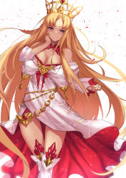 Rule 34 | 1girl, bare shoulders, blonde hair, blush, boots, breasts, chain, cleavage, closed mouth, collarbone, crown, detached collar, dress, europa (fate), fate/grand order, fate (series), hand on own cheek, hand on own face, highres, knee boots, large breasts, long hair, long sleeves, looking at viewer, purple eyes, simple background, smile, solo, sparkle, spider apple, thighs, very long hair, white background, white dress, white footwear