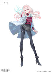 Rule 34 | 1girl, boots, coat, copyright name, cryokinesis, double helix blossom, full body, high heel boots, high heels, highres, long hair, looking at viewer, magic, official art, pantyhose, pink hair, red eyes, simple background, skirt, swav, tsukisagari kyo, white background, white coat