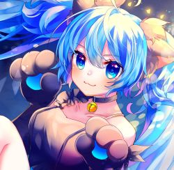 Rule 34 | 1girl, :3, animal hands, bell, black dress, blue eyes, blue hair, close-up, collar, collarbone, commentary request, dress, gloves, hatsune miku, highres, knees up, lens flare, light particles, long hair, looking at viewer, neck bell, paw gloves, paw pose, refraction, shirayuki towa, smile, solo, symbol in eye, twintails, vocaloid