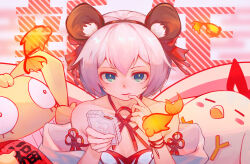 Rule 34 | 1girl, :d, absurdres, alternate hair length, alternate hairstyle, animal ears, bare shoulders, blue eyes, chinese new year, dress, fake animal ears, food, headband, highres, holding, holding food, homu (honkai impact), honkai (series), honkai impact 3rd, looking at viewer, luojiwei, mouse ears, open mouth, short hair, smile, solo, theresa apocalypse, white dress, white hair, white sleeves