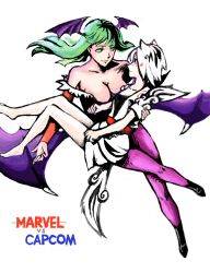 Rule 34 | 2girls, amaterasu (ookami), animal ears, bare shoulders, barefoot, bat wings, breasts, capcom, carrying, cleavage, company connection, demon girl, green eyes, green hair, head wings, long hair, marvel, marvel vs. capcom, marvel vs. capcom 3, morrigan aensland, multiple girls, ookami (game), pantyhose, personification, princess carry, shan (sunny18s), short hair, demon girl, vampire (game), white hair, wings, wolf ears