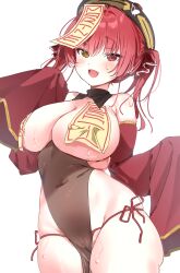Rule 34 | 1girl, :d, bare shoulders, blush, breasts, cameltoe, cleavage, cleft of venus, commentary, covered erect nipples, covered navel, detached sleeves, fang, hat, highres, hololive, houshou marine, jiangshi costume, korean commentary, large breasts, looking at viewer, nikuya (nikuniku nikuya), ofuda, ofuda on head, ofuda on nipples, open mouth, pasties, qingdai guanmao, red eyes, red hair, simple background, sleeves past fingers, sleeves past wrists, smile, solo, sweat, talisman, twintails, virtual youtuber, white background, yellow eyes