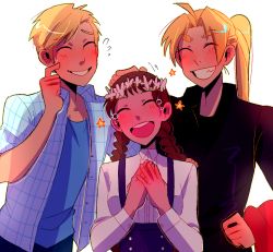 Rule 34 | 1girl, 2boys, :d, ^ ^, ahoge, alphonse elric, alternate universe, blonde hair, blue shirt, blush, braid, brown hair, buttons, clenched hand, closed eyes, commentary, crying, dress shirt, edward elric, english commentary, closed eyes, finger to cheek, fingernails, flower, flying sweatdrops, fullmetal alchemist, furrowed brow, grin, hand on another&#039;s head, hand on own hip, hands on own chest, happy, happy tears, head tilt, head wreath, headpat, height difference, high ponytail, huyandere, long sleeves, multiple boys, nervous, nina tucker, aged up, open mouth, pink flower, plaid, plaid shirt, ponytail, shirt, short sleeves, simple background, skirt, smile, standing, star (symbol), suspender skirt, suspenders, sweatdrop, tears, teeth, twin braids, upper body, upper teeth only, white background, white shirt