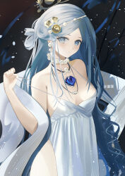 Rule 34 | 1girl, absurdres, artist name, azur lane, bare shoulders, black background, blue eyes, blue gemstone, blue hair, breasts, champagne (adulation eternal) (azur lane), champagne (azur lane), cleavage, closed mouth, cowboy shot, dress, earrings, gem, hair ornament, halo, halter dress, halterneck, highres, jewelry, long hair, looking at viewer, necklace, no bra, official alternate costume, pale skin, parted bangs, pearl earrings, pearl necklace, ram (404272725), shawl, sleeveless, sleeveless dress, small breasts, solo, spaghetti strap, standing, strap pull, very long hair, white dress