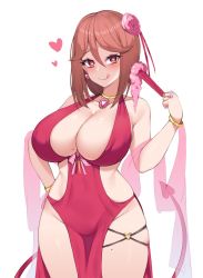 Rule 34 | 1girl, blush, borrowed character, bracelet, breasts, cleavage, collarbone, demon tail, dress, earrings, flower, hair flower, hair ornament, hand fan, heart, heart-shaped pupils, heart earrings, highres, holding, holding fan, jewelry, kuavera, large breasts, licking lips, medium hair, mole, mole on breast, mole on thigh, necklace, no panties, orange eyes, original, pelvic curtain, red hair, revealing clothes, ring, simple background, skindentation, solo, symbol-shaped pupils, tail, thigh strap, thighs, tongue, tongue out, white background