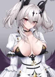 Rule 34 | 1girl, absurdres, azur lane, black choker, black wings, blush, breasts, breasts apart, center opening, choker, closed mouth, collarbone, commentary request, dress, eyelashes, grey background, grey hair, hair ornament, highres, joffre (azur lane), large breasts, long hair, long sleeves, looking at viewer, red eyes, sidelocks, simple background, solo, twintails, ueyama 0clock, white dress, white hair, wings