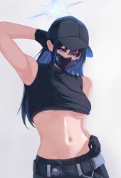 Rule 34 | 1girl, absurdres, arm up, armpits, bare arms, bare shoulders, baseball cap, belt, black belt, black gloves, black hat, black pants, black shirt, blue archive, blue eyes, blue hair, breasts, commentary, crop top, gloves, grey background, hat, highres, hikkio, large breasts, long hair, looking at viewer, mask, midriff, mouth mask, navel, pants, saori (blue archive), shirt, simple background, sleeveless, sleeveless shirt, solo, stomach, underboob, upper body